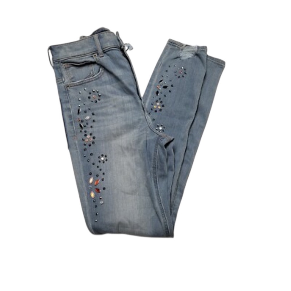 Express Embellished Skinny Jeans Size 6R Rhinestone & Gem Floral Light Wash